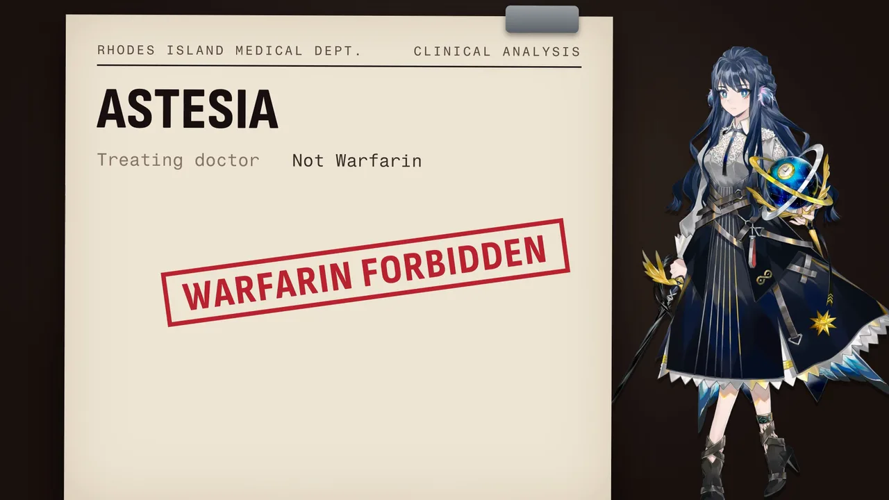 Astesia's medical file, stamped WARFARIN FORBIDDEN