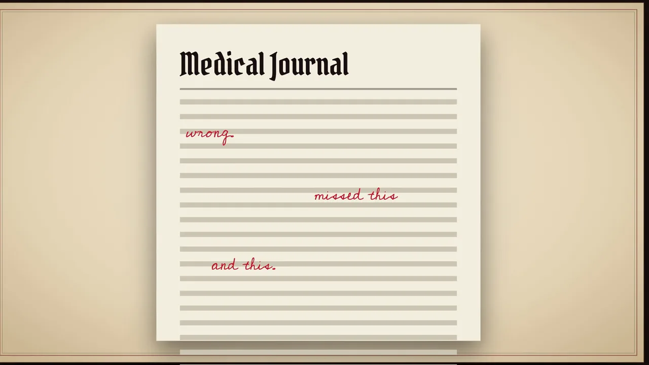 A medical journal page covered in red-pen corrections