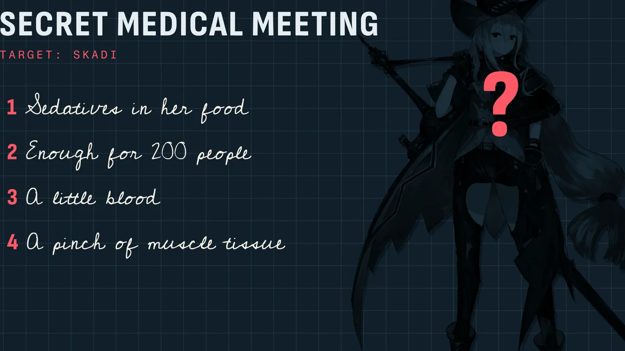 The Skadi plan: sedatives, enough for 200 people, a little blood, a pinch of muscle tissue