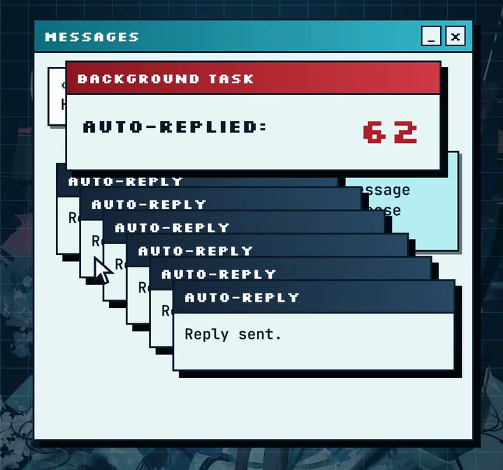 A background task counter reading auto-replied: 62, over a cascade of auto-reply windows