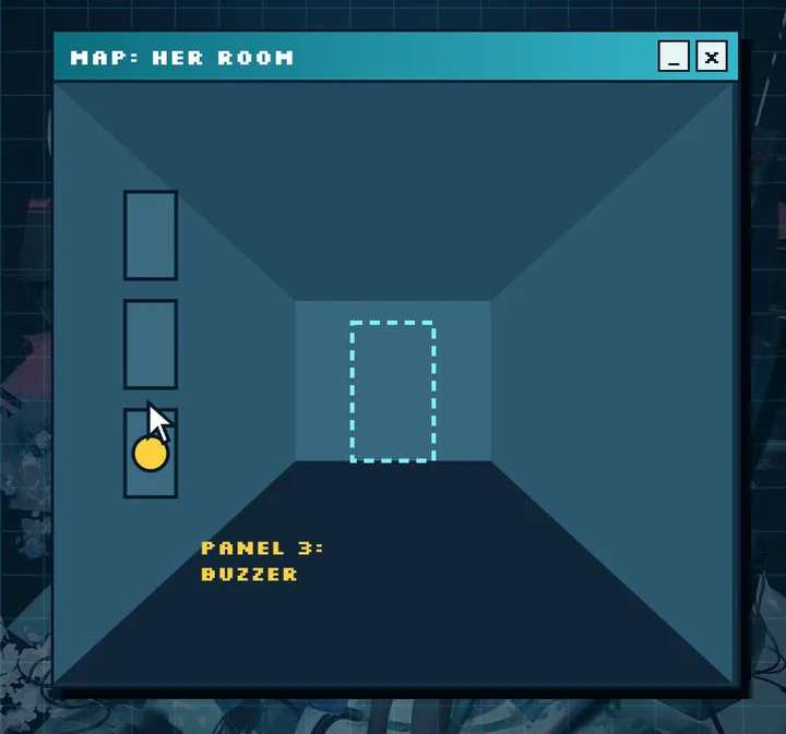 A map of her room: a long corridor ending in a door that blends into the wall, and panel 3 opening on the buzzer