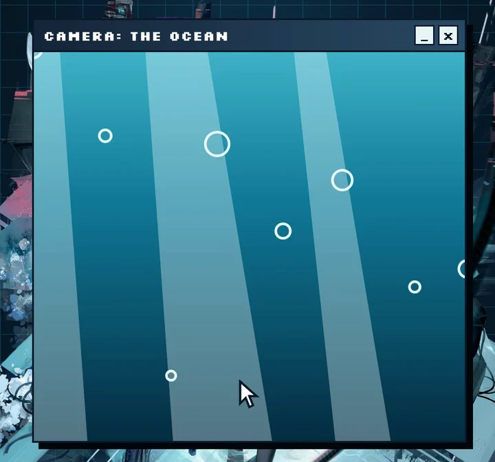 A camera window looking into the ocean, light rays and bubbles rising