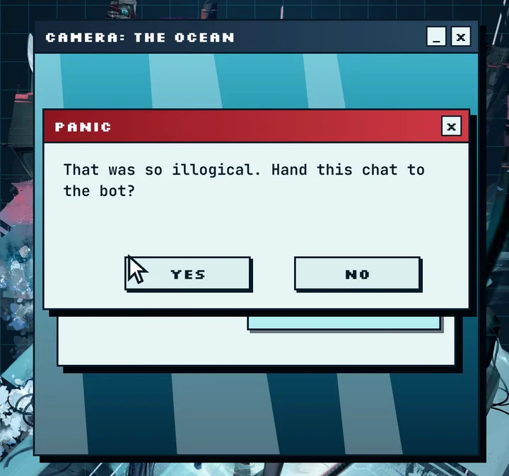 A panic dialog: That was so illogical. Hand this chat to the bot? Yes or no