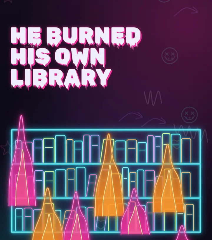 He burned his own library: a neon bookshelf in flames