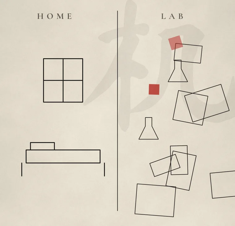 A split drawing: a bare, spotless room labelled HOME beside a cluttered desk labelled LAB
