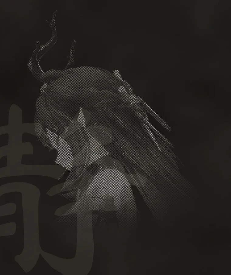 A dithered black and white profile of Zhuang Fangyi, turned away