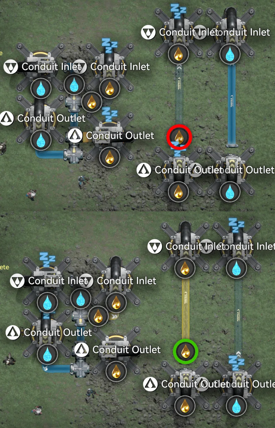 In-game Conduit Inlet and Outlet view showing the flow blocked (red) versus flowing (green) states