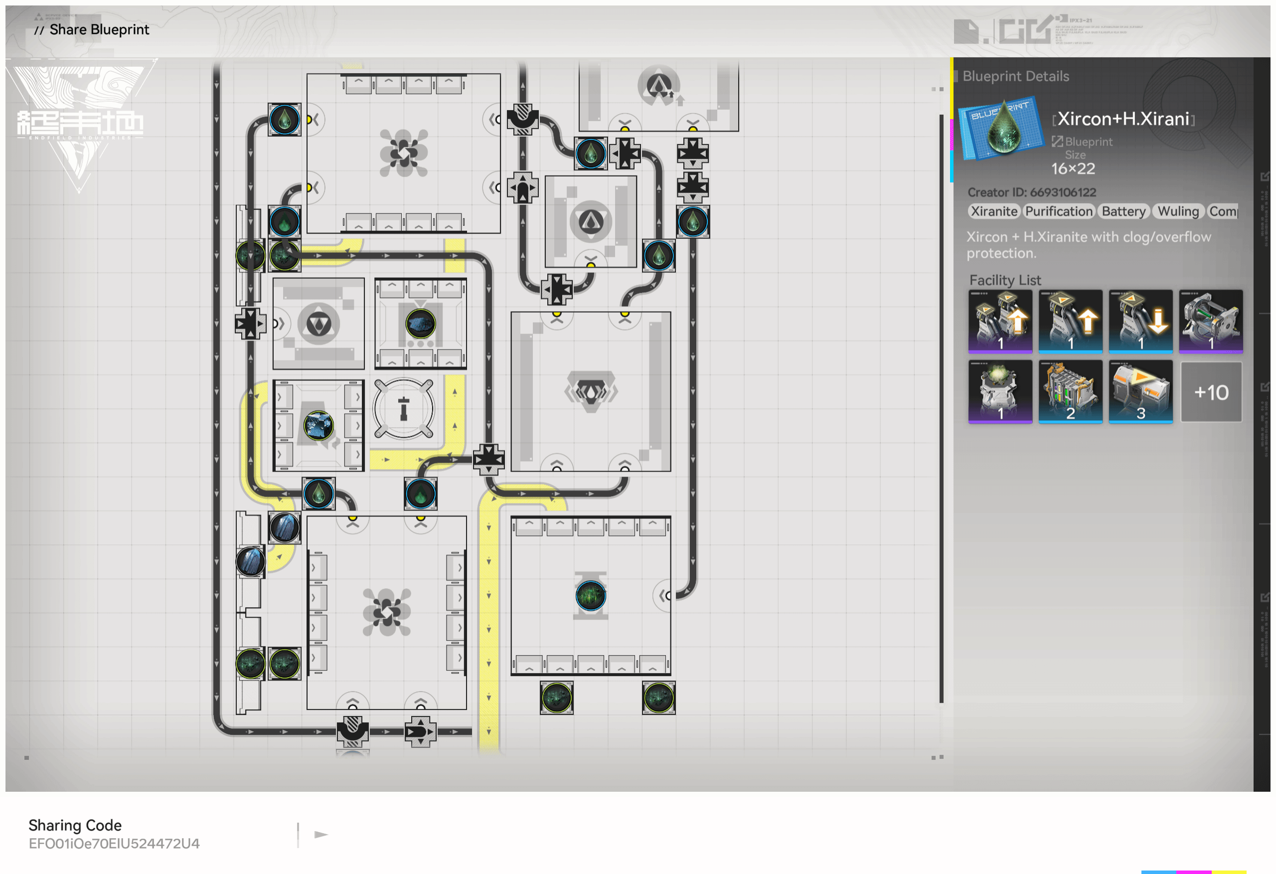 In-game Share Blueprint screen for the Xircon plus Heavy Xiranite overflow build