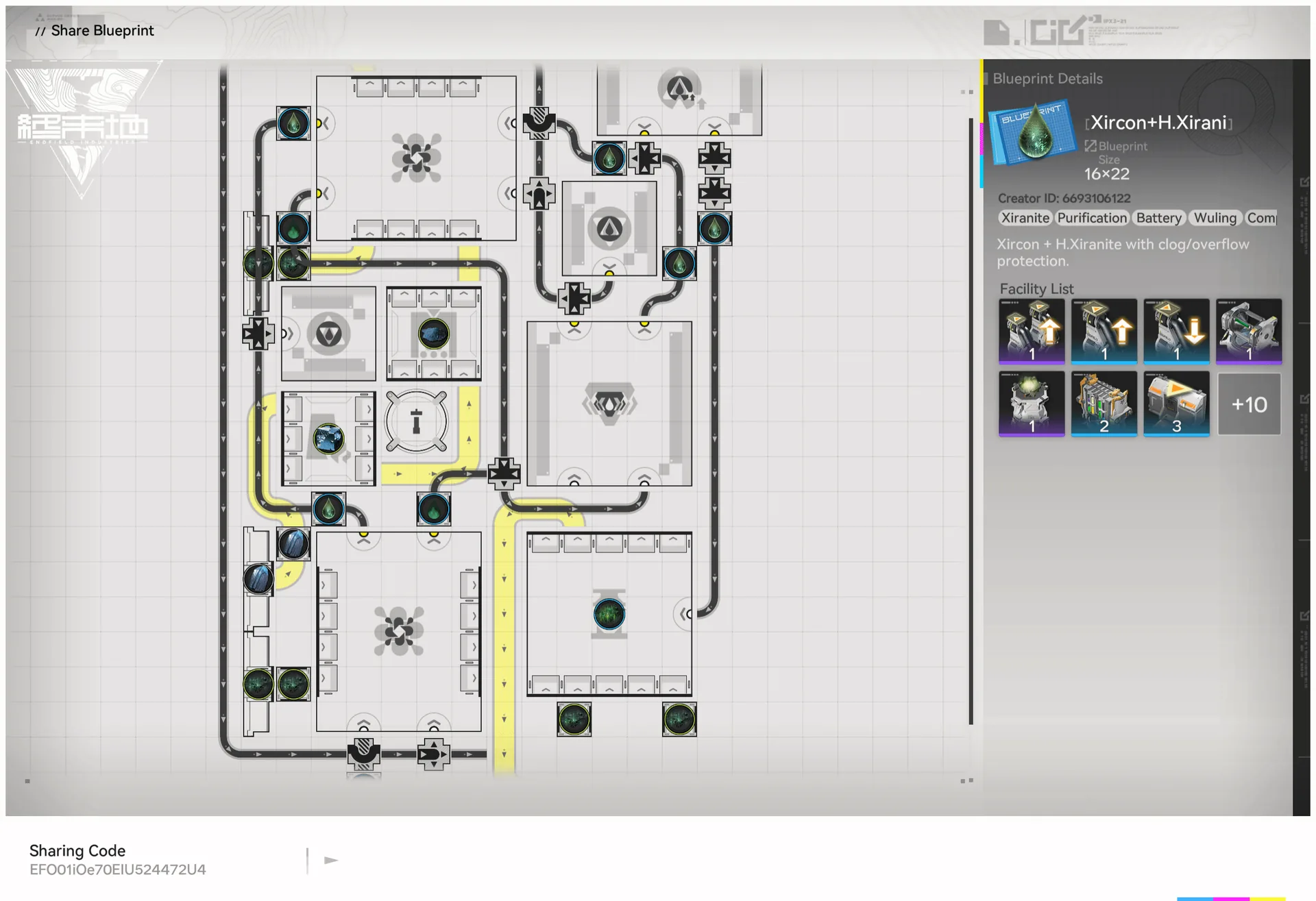 In-game Share Blueprint screen for the Xircon plus Heavy Xiranite overflow build
