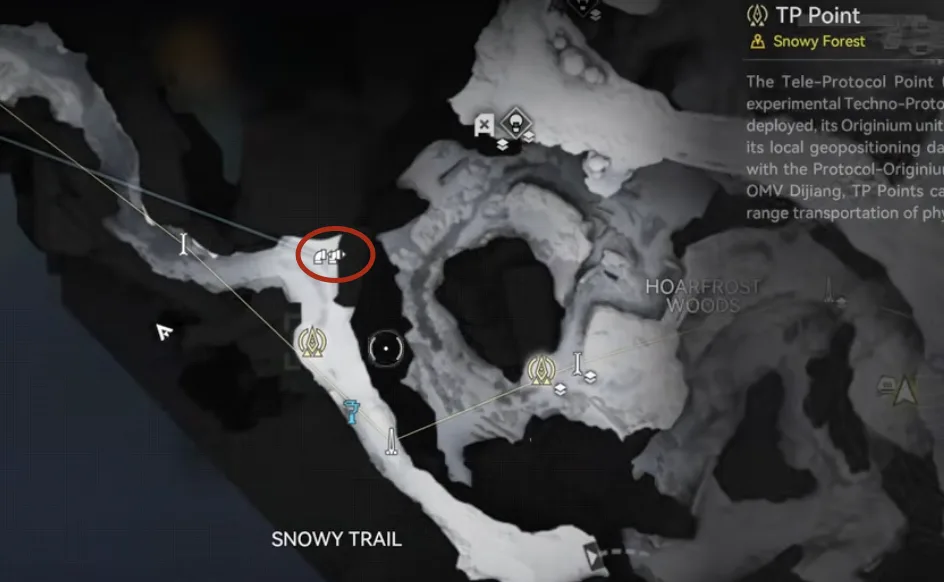 Map showing the first conduit waypoint on the Snowy Trail near Hoarfrost Woods
