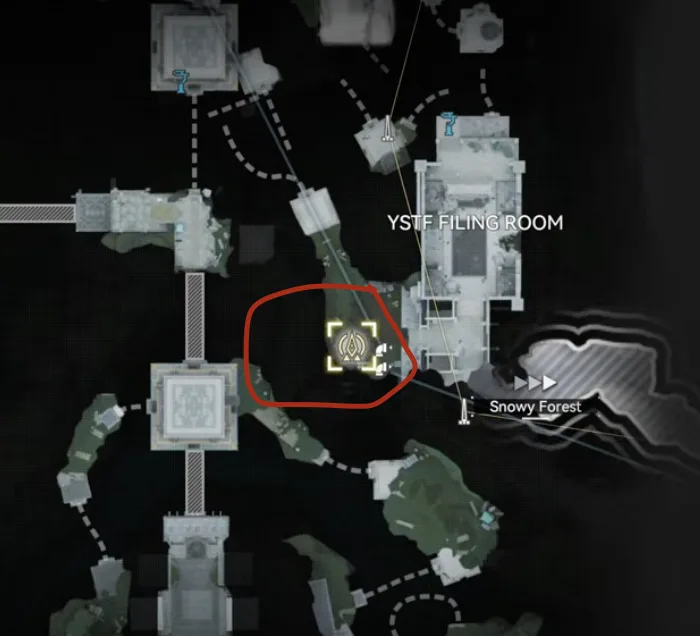 Map showing the second conduit waypoint near the YSTF Filing Room and Snowy Forest