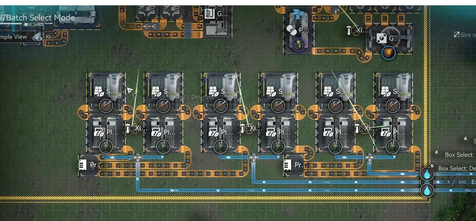 The crop farm in the Core AIC: six Seed-Picking Units over six Planting Units fed by water pipes