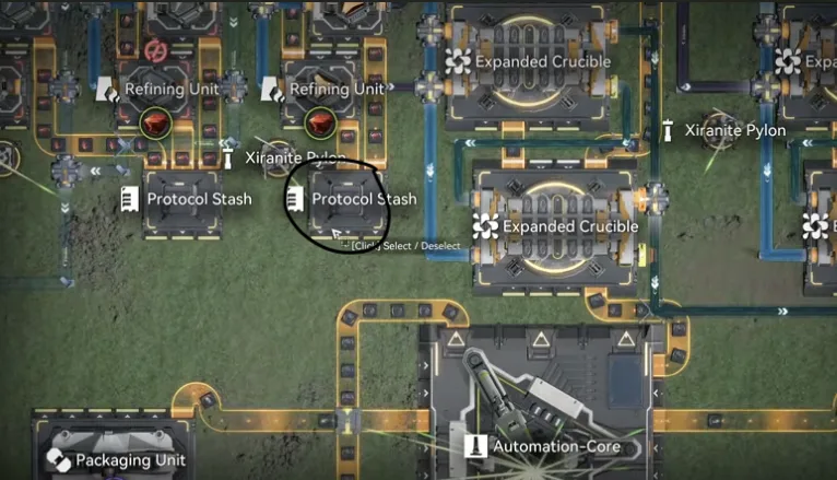 A Protocol Stash below a Cuprium Refining Unit in the center of the Core AIC, circled for removal