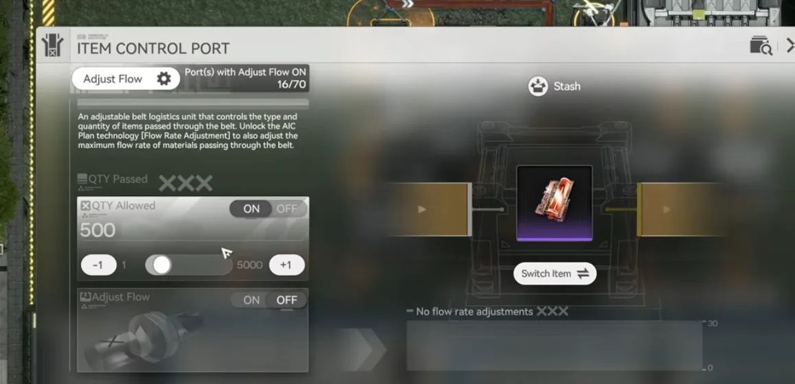 Item Control Port with QTY Allowed set to 500 Hetonite parts