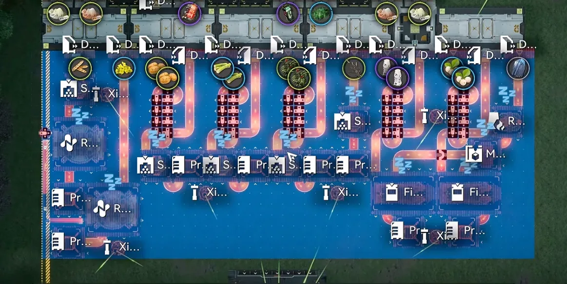 The 1.6 Inn Items blueprint deployed under the Jingyu Valley depot bus: depot unloaders across the top feeding Shredding Units, Reactor Crucibles and Filling Units