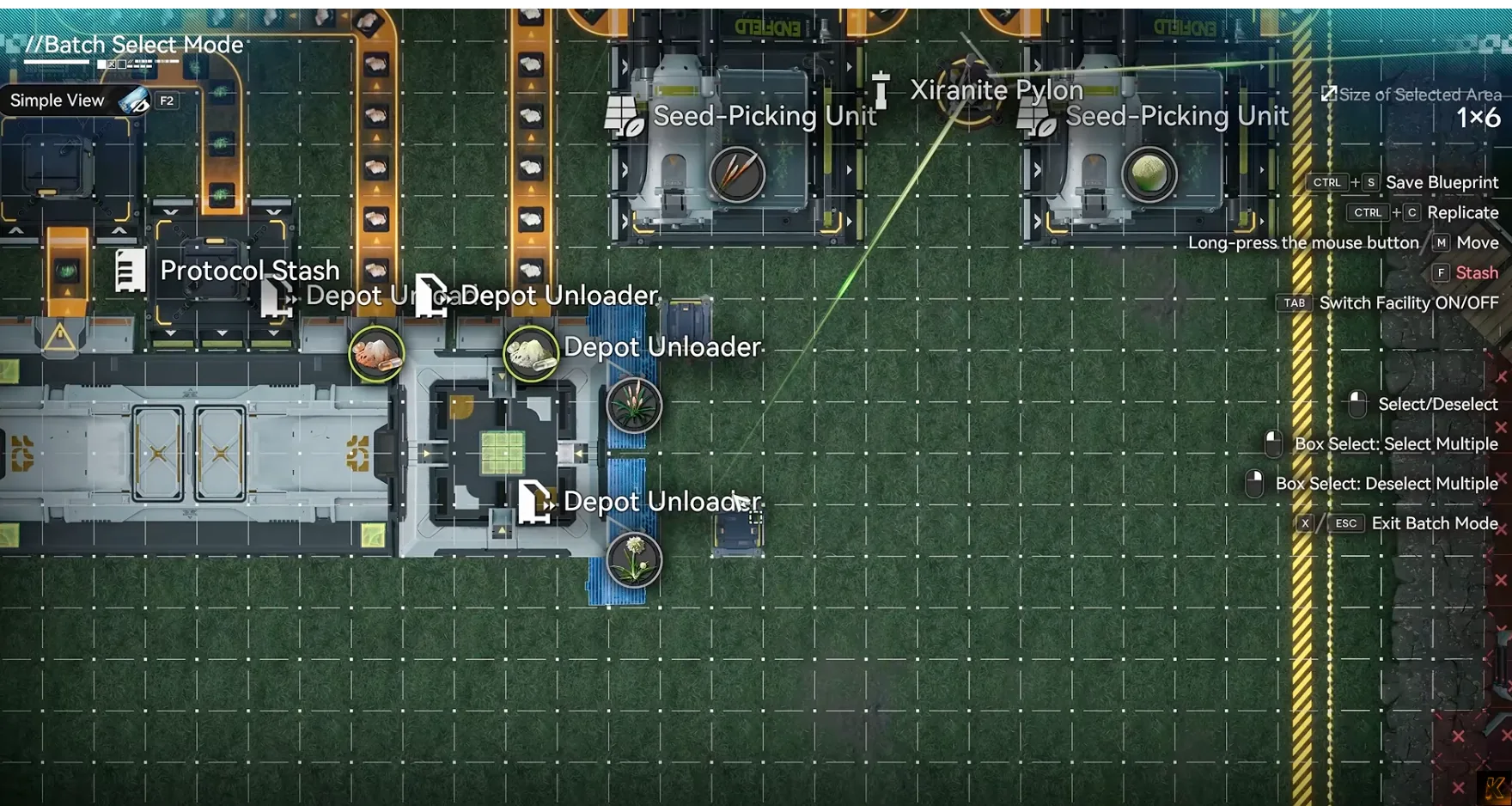 Batch select mode in Jingyu Valley with the two right-side depot unloaders for the old crop lines selected for removal