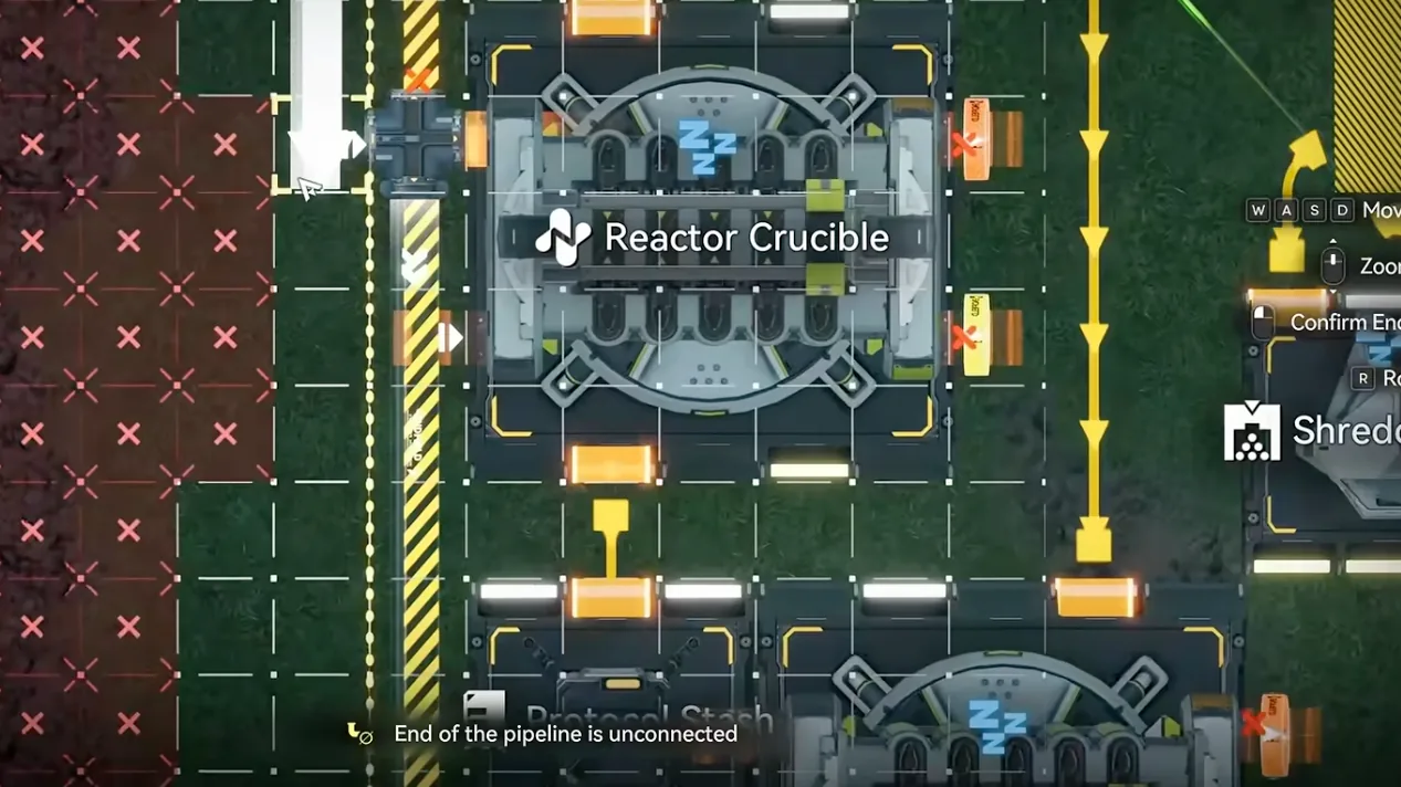 A water pipe being connected to the pipe splitter on the left of the 1.6 Inn Items blueprint, next to the first Reactor Crucible