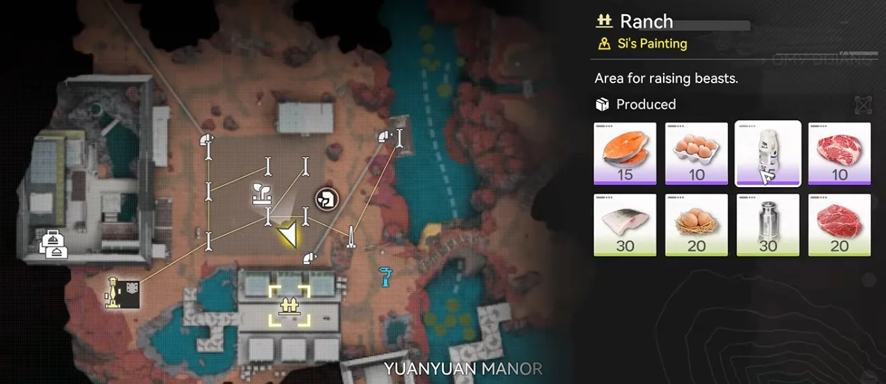 Map view of the Yuanyuan Manor Ranch in Si's Painting with the Produced panel showing Fin Fillet, Egg, Milk and Meat in standard and [A] grades