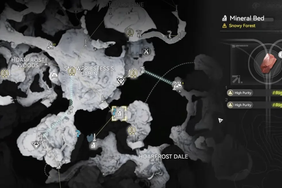 Map of the Snowy Forest between the Snowpriestess's Cabin and Hoarfrost Dale with a Cuprium Mineral Bed selected, both slots High Purity
