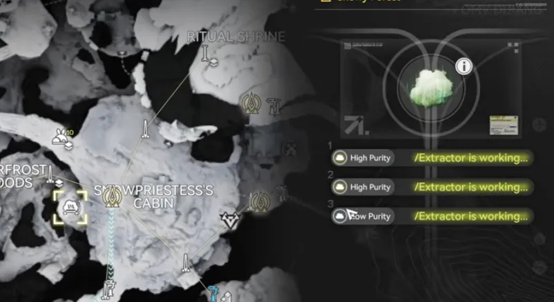 Map of the Snowy Forest near the Snowpriestess's Cabin with a Xiragen gas vent whose three extractor slots are all working