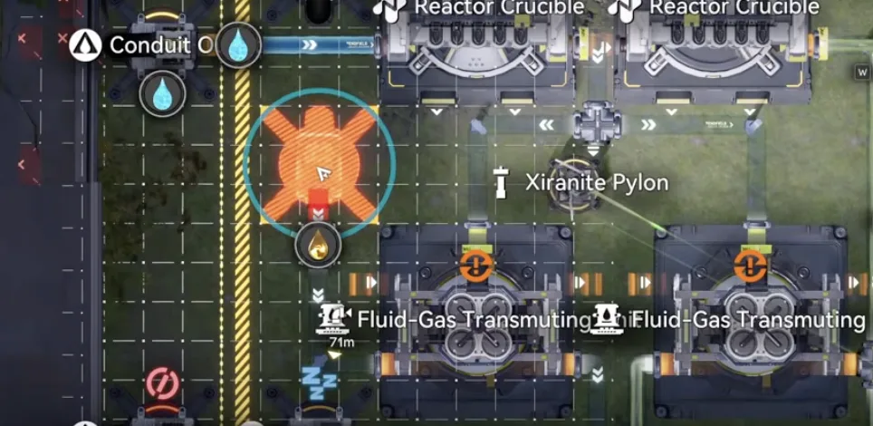 The acid conduit outlet placed below the water outlet, feeding the Fluid-Gas Transmuting Units