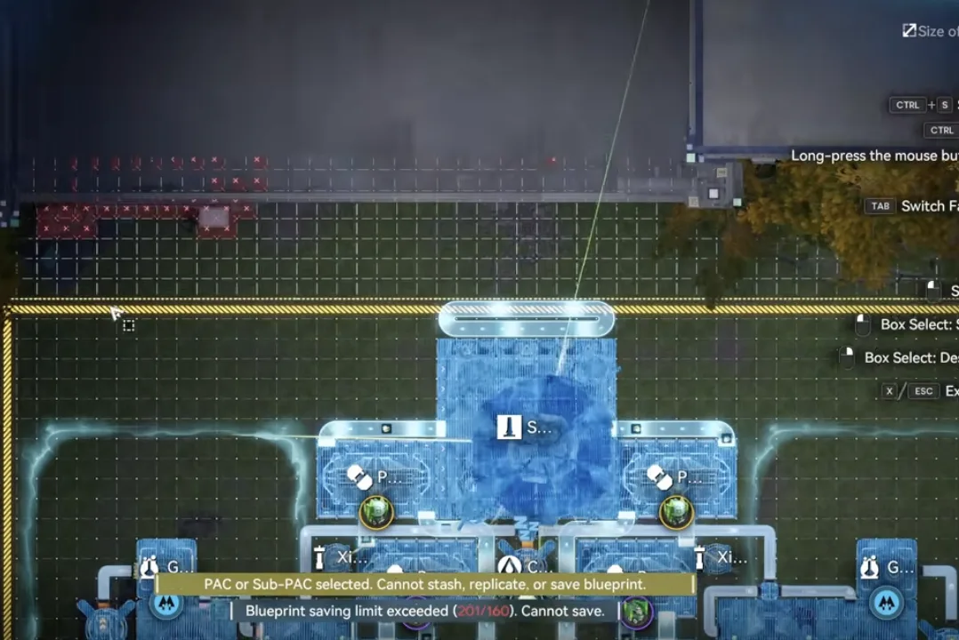 The entire Yinglung Pass sub AIC box selected in batch mode for deletion, with the blueprint saving limit exceeded warning