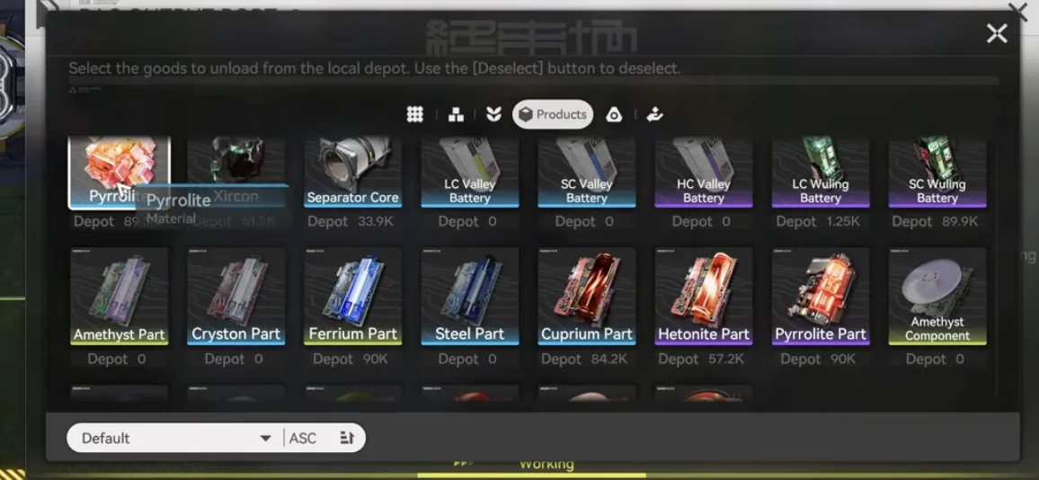 The depot unload selection screen with Pyrrolite highlighted as the item for the top-right output