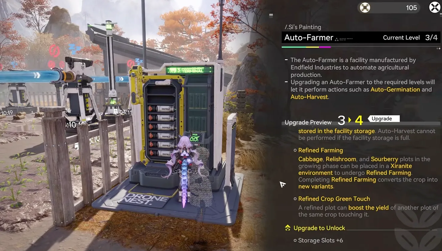 Auto-Farmer upgrade panel at Lv.3 of 4 showing Refined Farming for Cabbage, Relishroom and Sourberry and Refined Crop Green Touch