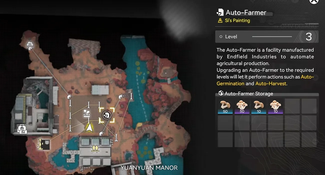 Map view of Yuanyuan Manor with the Auto-Farmer panel open at Lv.3 showing Auto-Farmer Storage
