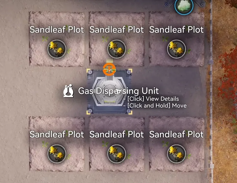 Gas Dispersing Unit placed between two rows of three Sandleaf plots