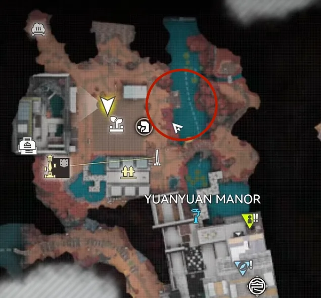 Map of Yuanyuan Manor with the river spot east of the farm circled for Fluid Pumps