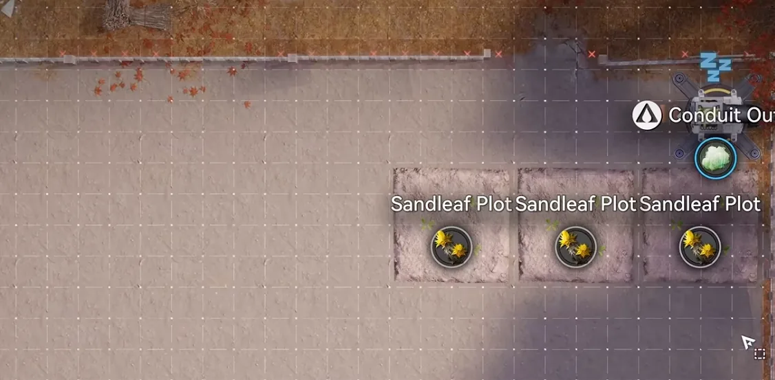 Three Sandleaf placeholder plots in a row under the Conduit Outlet