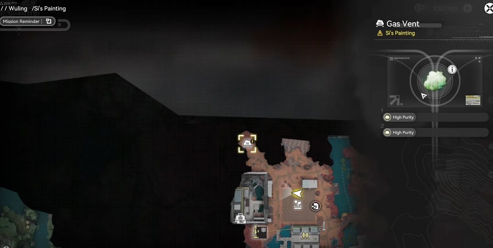 Map of Si's Painting with the Gas Vent north of the Yuanyuan Manor farm highlighted, showing two High Purity nodes