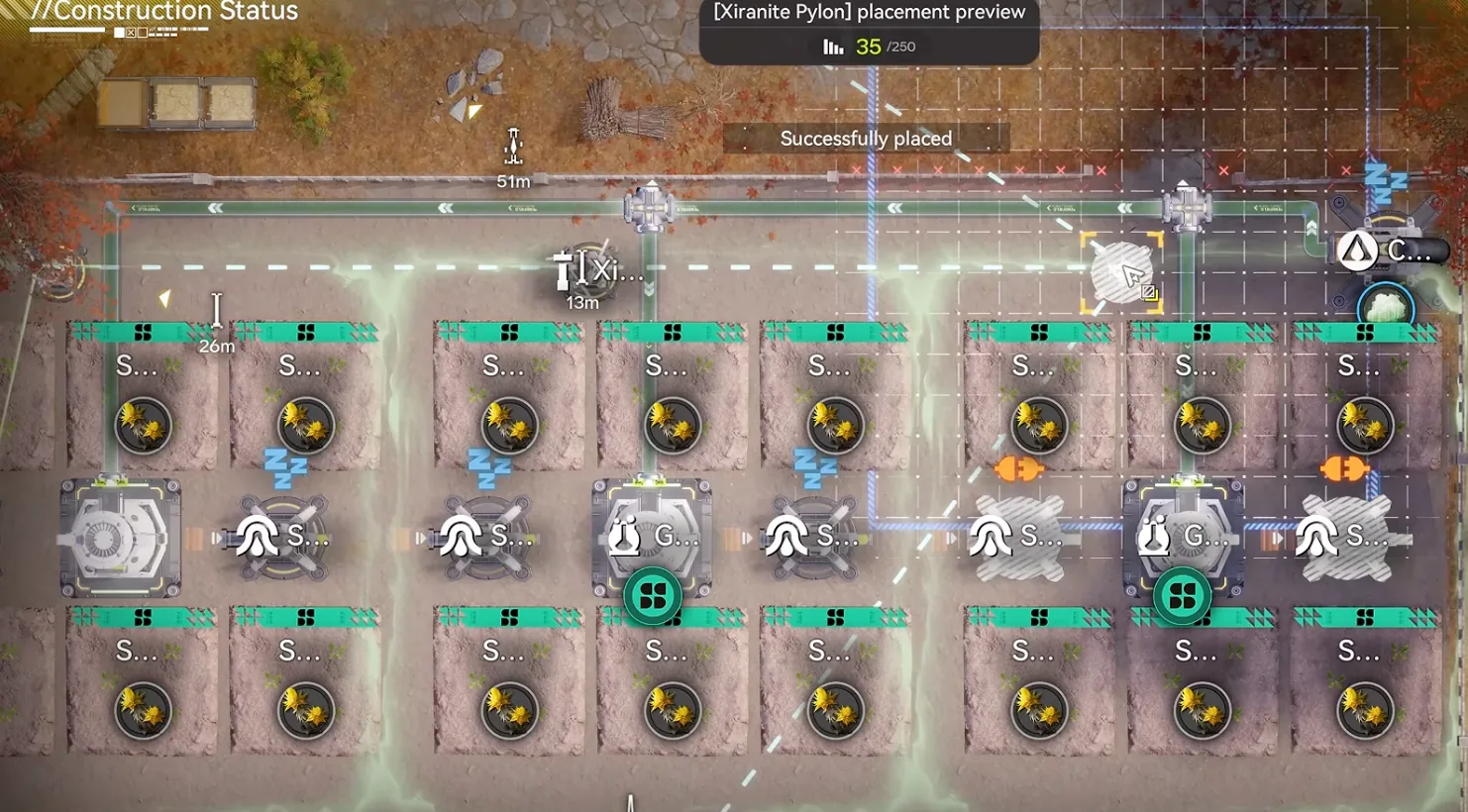 Xiranite Pylon placement above the Xiragen strip with pipe splitters feeding each Gas Dispersing Unit