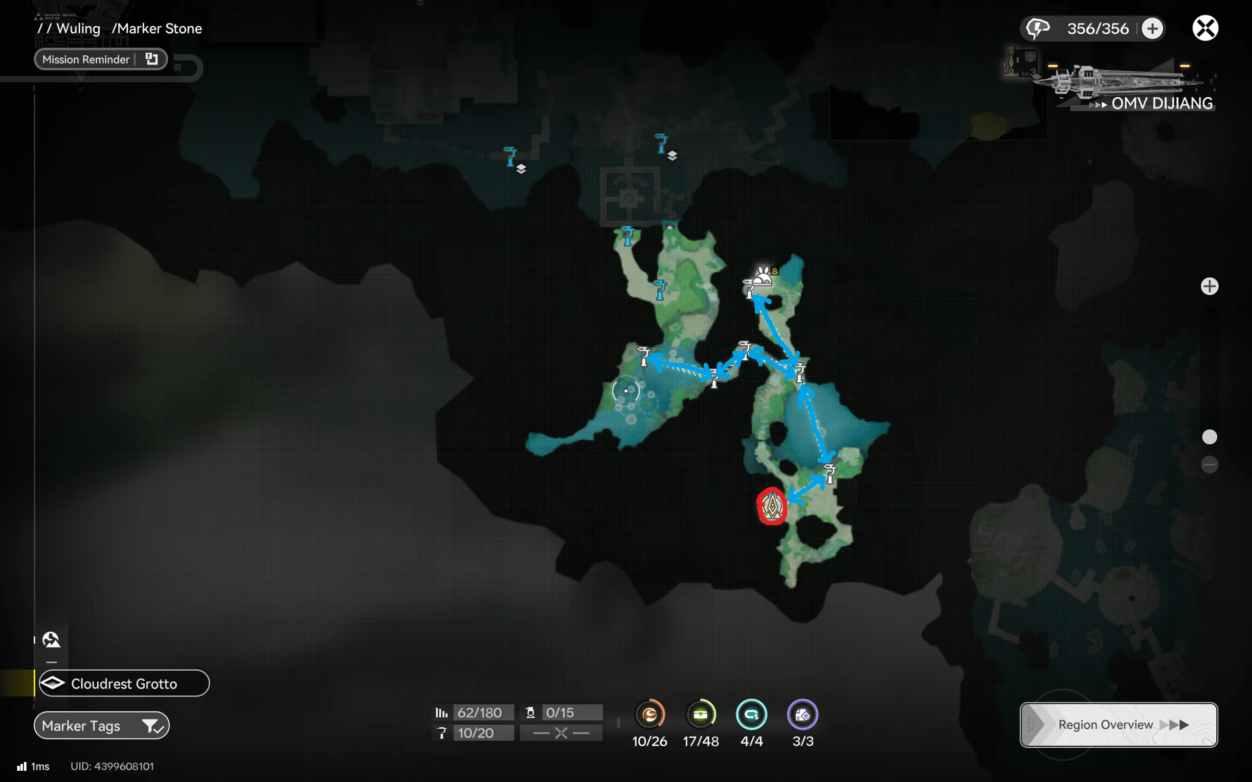 Cloudrest Grotto farming route map for Arknights: Endfield, a circuit through the cave chambers under Marker Stone