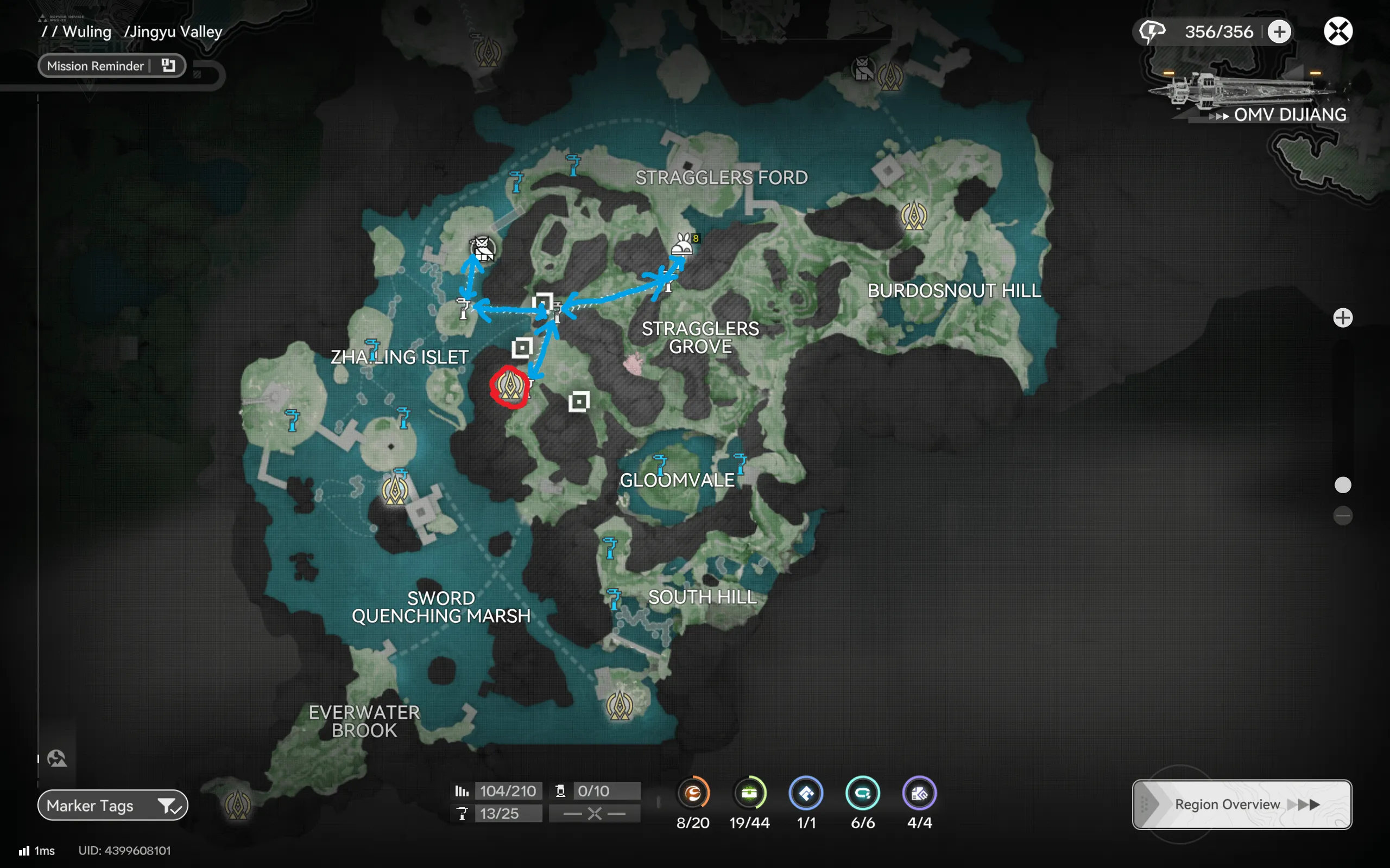 Jingyu Valley central farming route map for Arknights: Endfield starting near Zhaling Islet and covering Stragglers Grove and Stragglers Ford