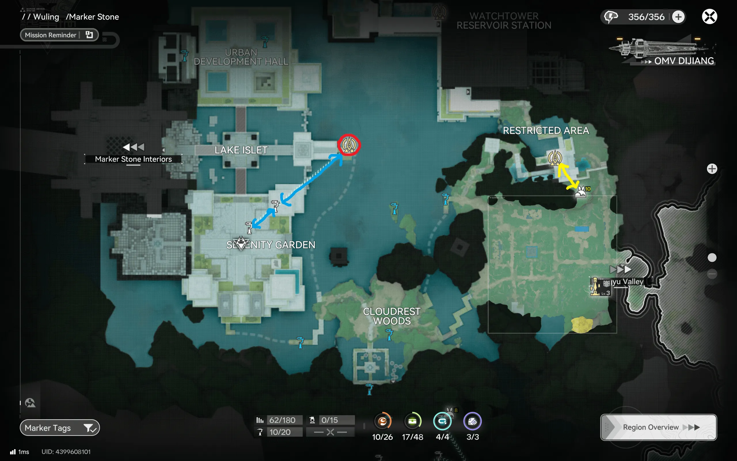 Marker Stone farming route map for Arknights: Endfield crossing the Lake Islet and Solitary Garden with a separate marked section in the eastern Restricted Area