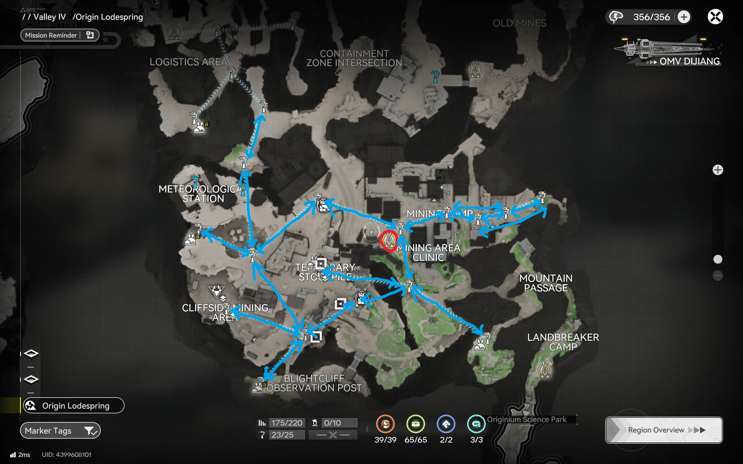 Origin Lodespring south farming route map for Arknights: Endfield starting near the Mining Area Clinic, covering the Cliffside Mining Area, Brightcliff Observation Post, and Landbreaker Camp