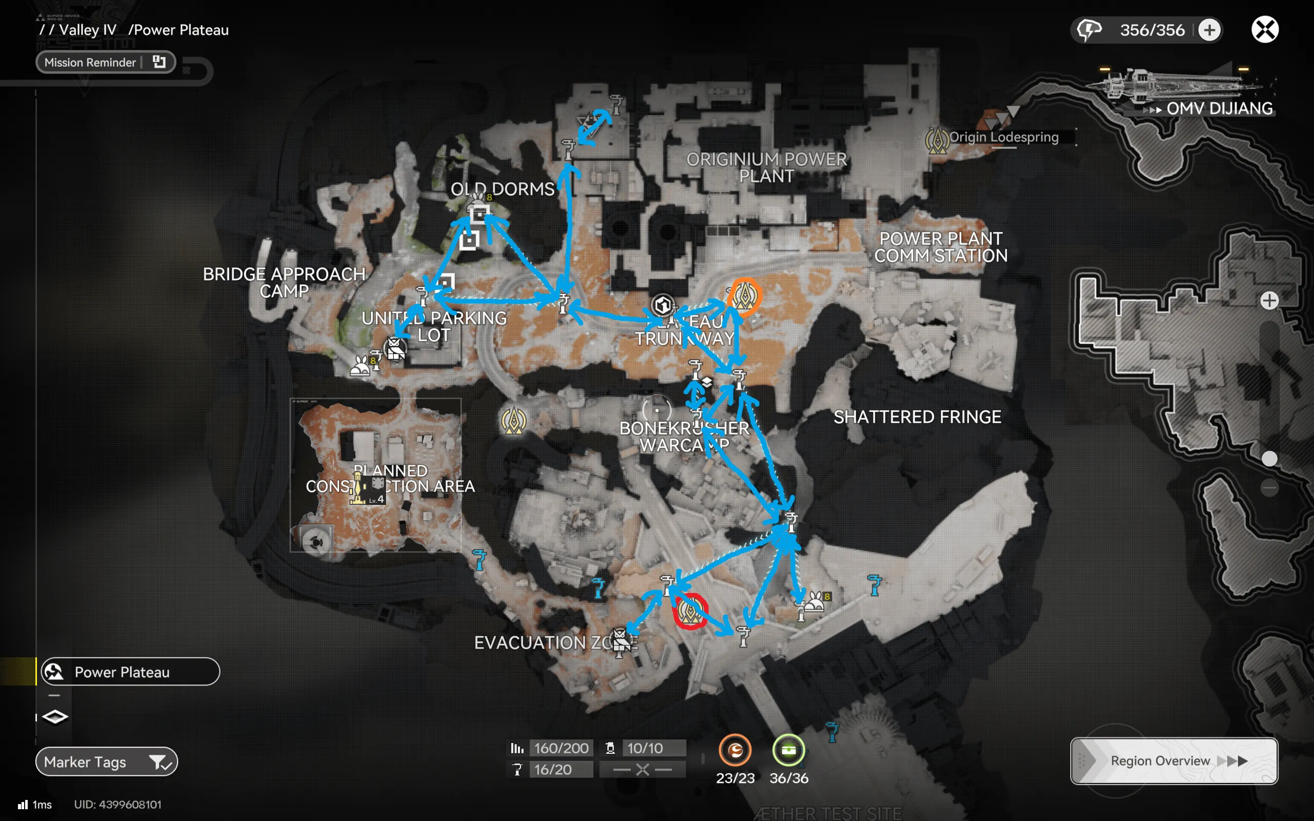 Power Plateau farming route map for Arknights: Endfield starting near the Evacuation Zone, linking Old Dorms, the Originium Power Plant, East Tram Way, and the Shattered Fringe