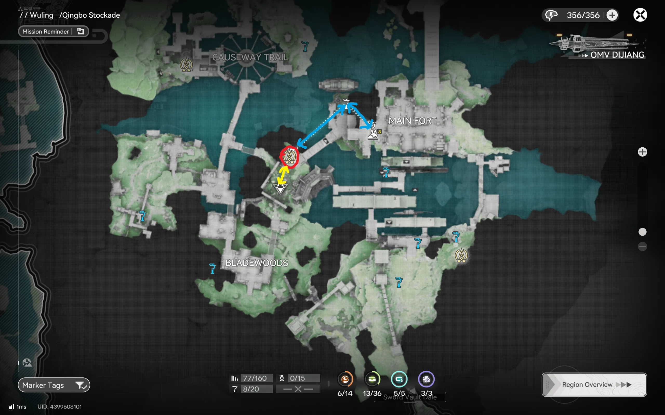Qingbo Stockade Main Fort farming route map for Arknights: Endfield, a short circuit around the Main Fort with a faster-to-run segment