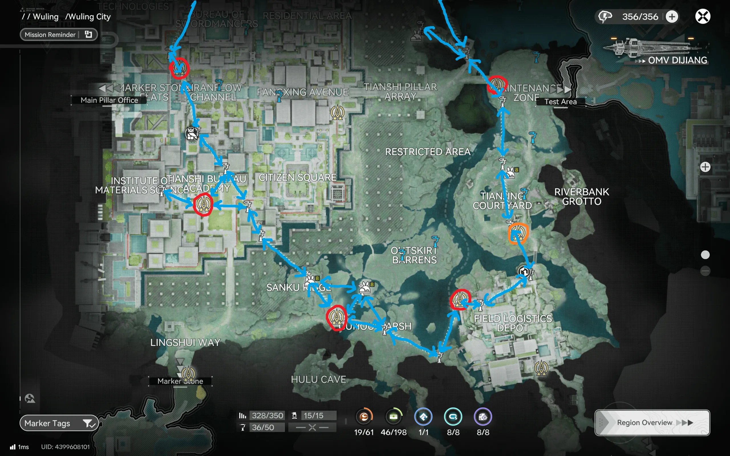 Wuling City outskirts farming route map for Arknights: Endfield covering the Restricted Area, Riverbank Grotto, Hutou Marsh, and Hulu Cave
