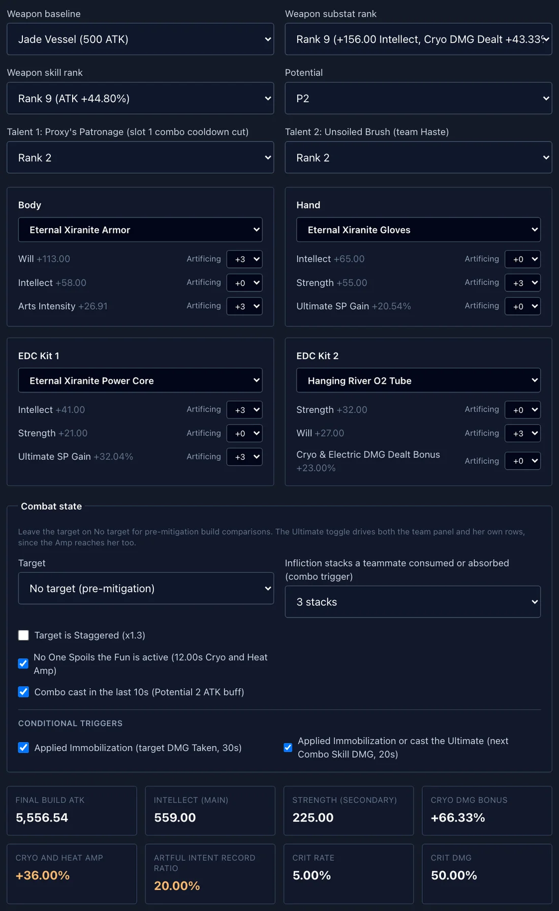 Si damage calculator build inputs: weapon rank, gear slots with artificing, Potential and combat state